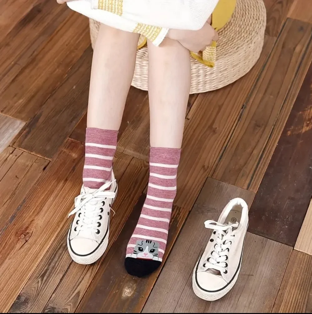 Cat-Themed Striped and Polka Dot Socks Set, 5 pair